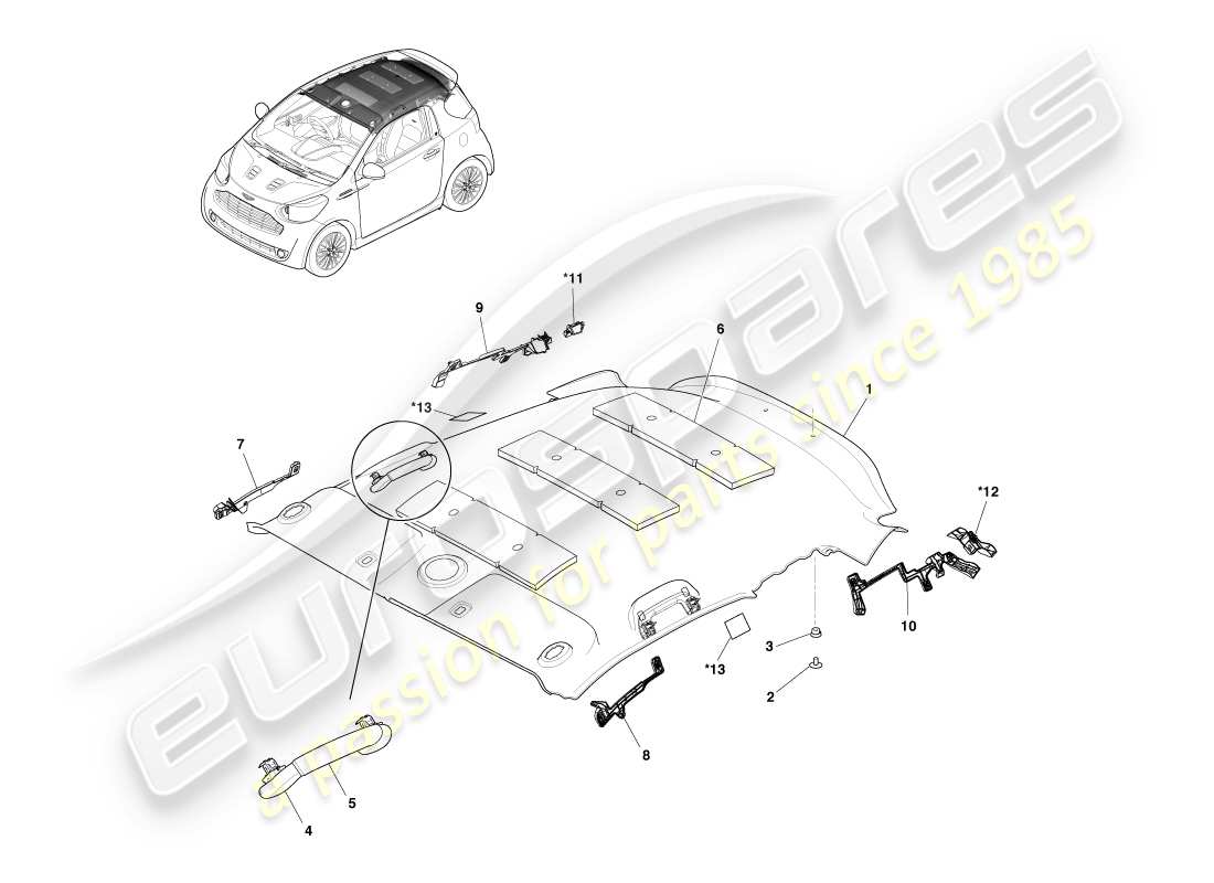 aston martin cygnet (2012) diagrama de piezas del conjunto del techo interior