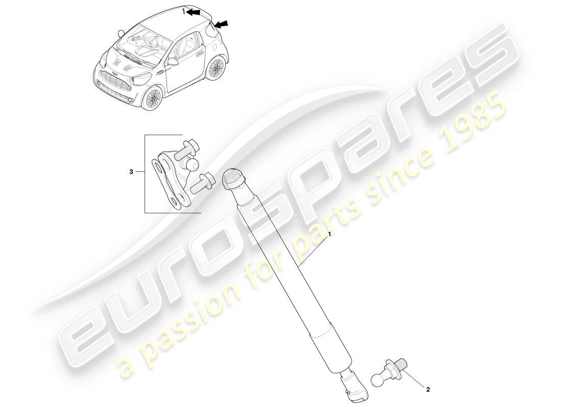 aston martin cygnet (2012) diagrama de piezas del puntal del portón trasero