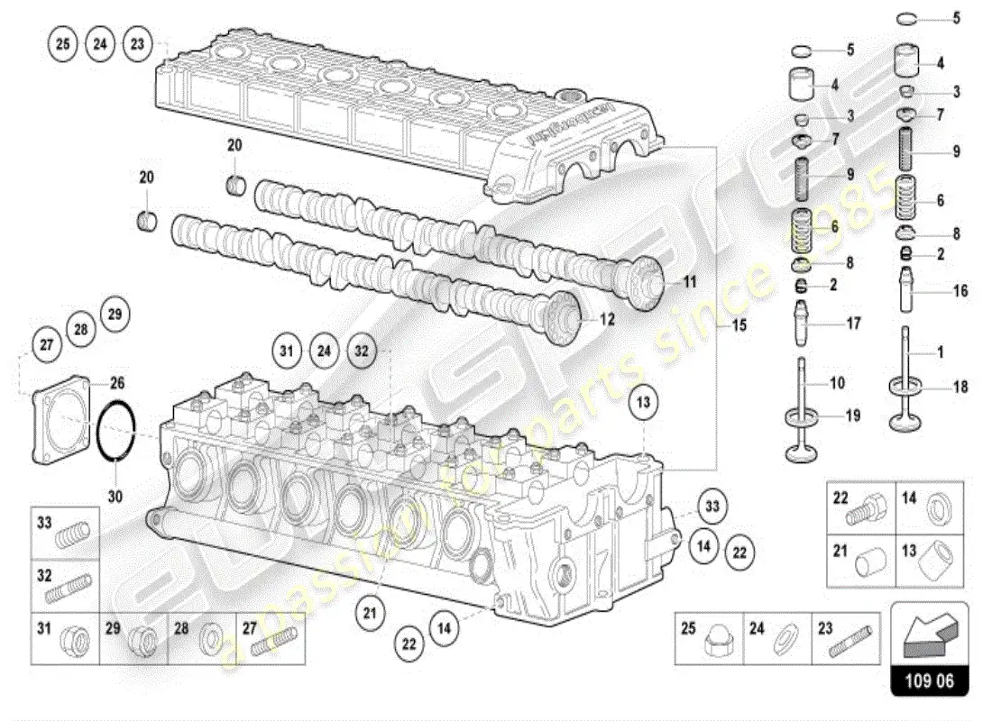 lamborghini diablo vt (1997) árbol de levas de cabeza izquierda diagrama de piezas