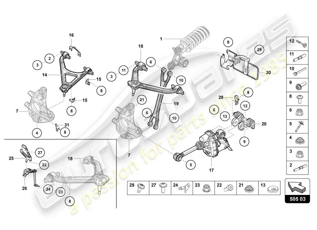lamborghini countach lpi 800-4 (2022) suspensión trasera diagrama de piezas