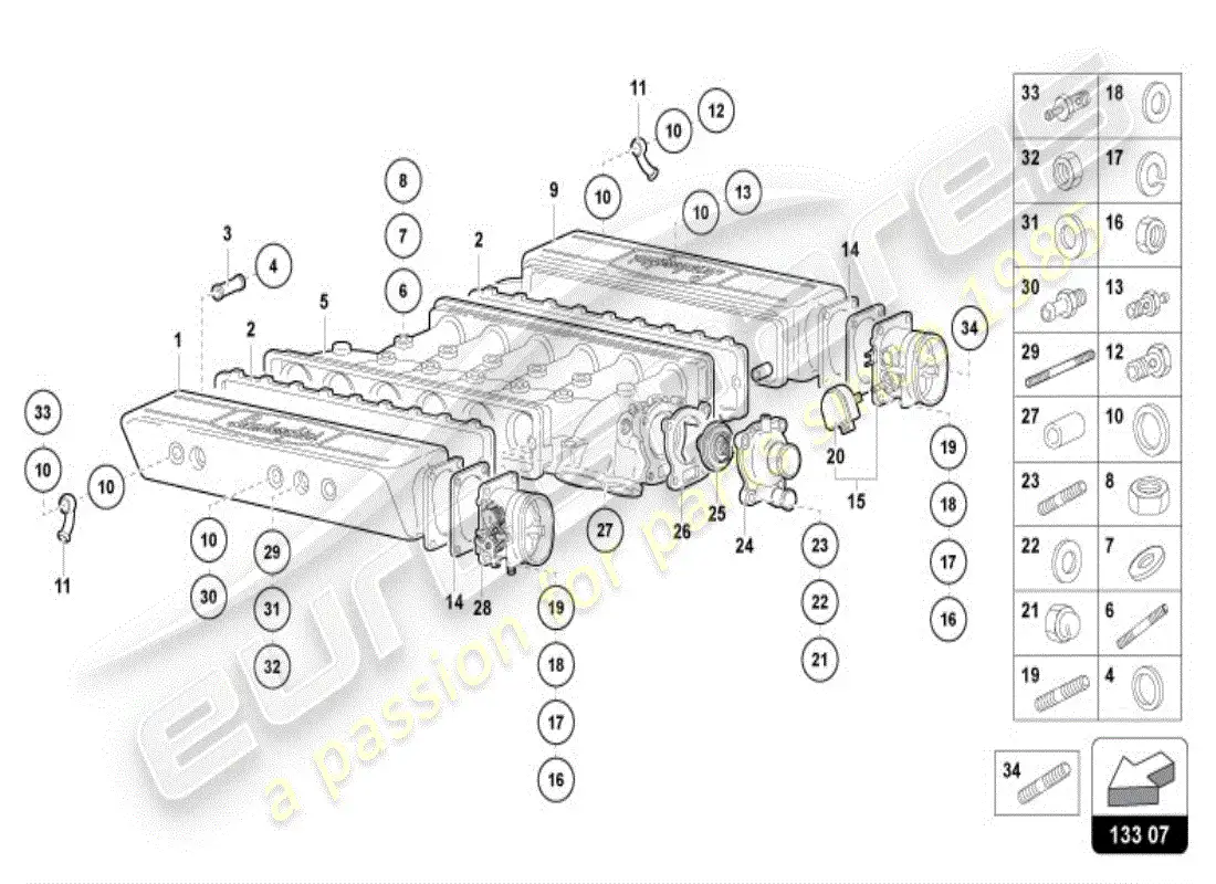 lamborghini diablo vt (1997) colector de admisión diagrama de piezas
