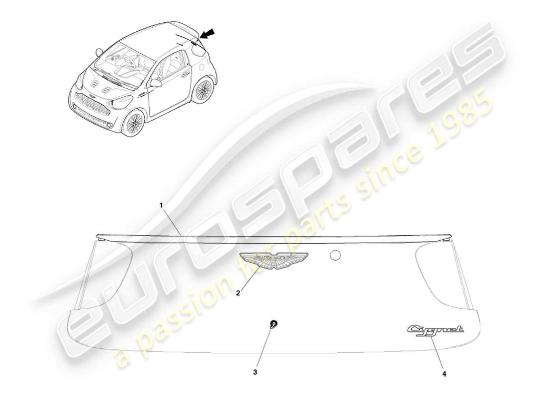 aston martin cygnet (2012) diagrama de piezas de ornamentación y molduras exteriores del portón trasero