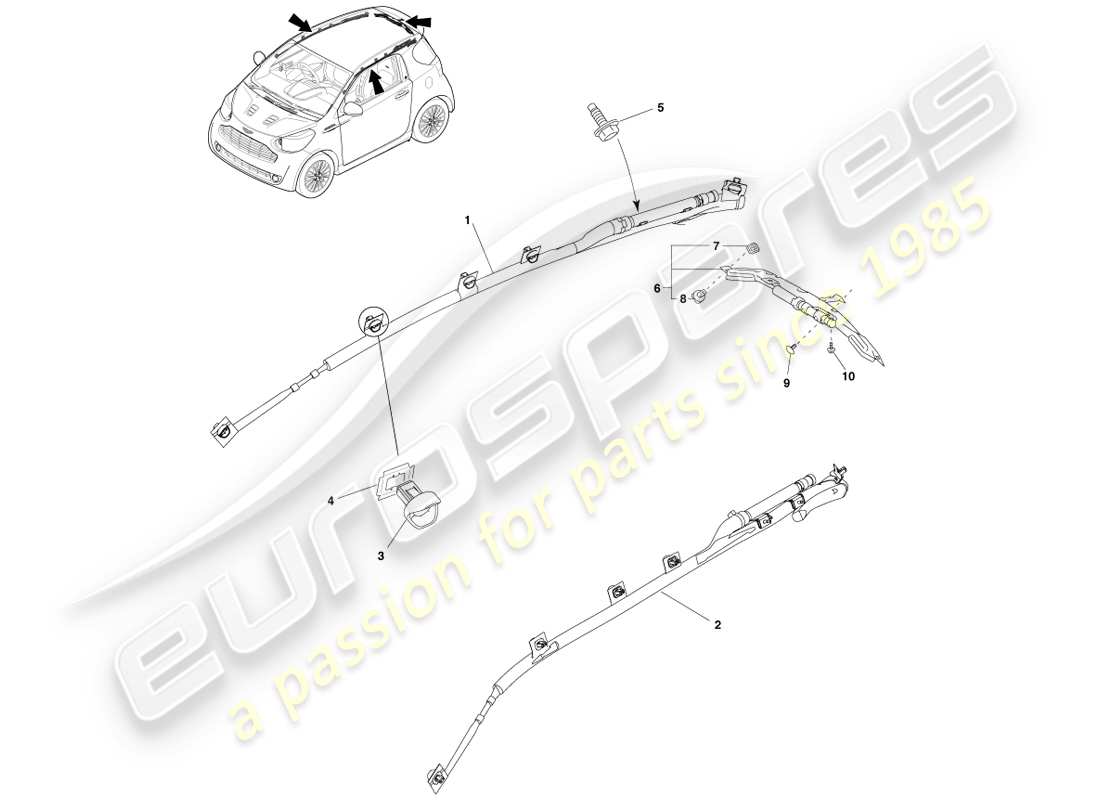 aston martin cygnet (2012) diagrama de piezas del sistema de bolsa de aire de cortina