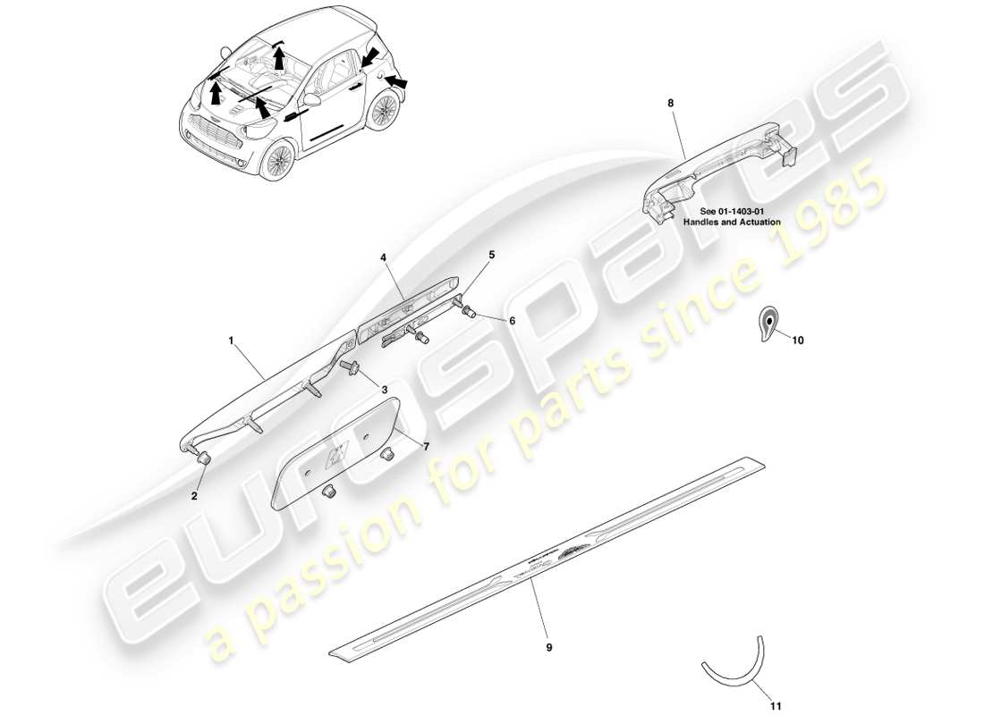 aston martin cygnet (2012) ornamentación de costados y cuartos del cuerpo diagrama de piezas