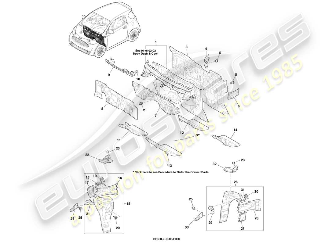 aston martin cygnet (2012) diagrama de piezas del tablero y del delantal del guardabarros delantero