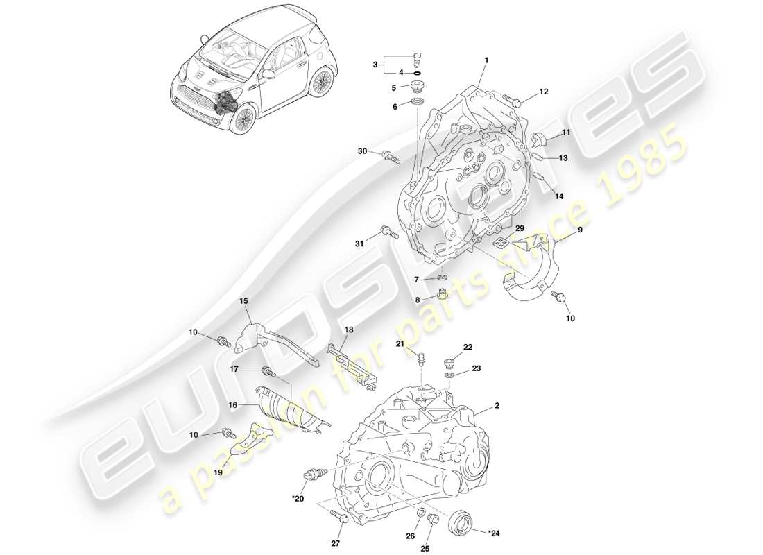 aston martin cygnet (2012) diagrama de piezas de la caja de transmisión y la carcasa del embrague