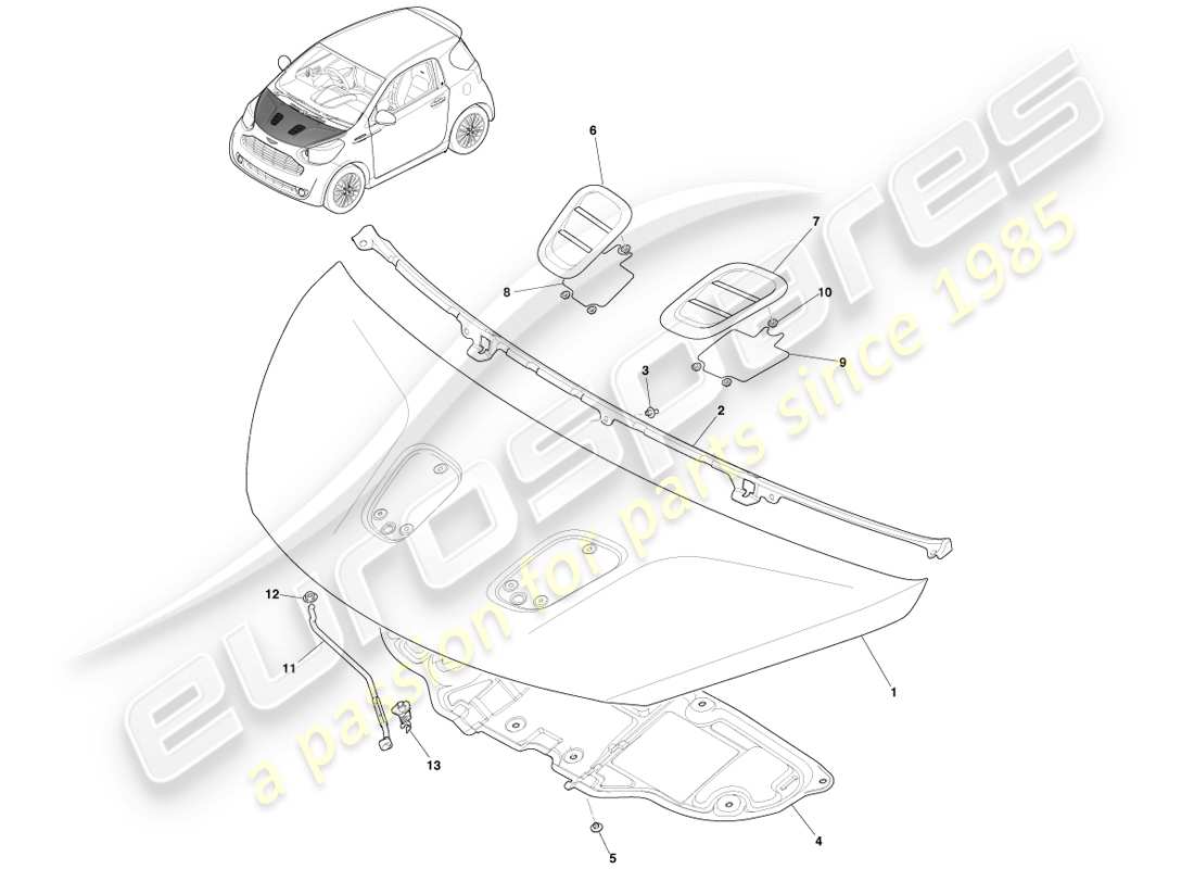 aston martin cygnet (2012) diagrama de piezas del conjunto del capó delantero