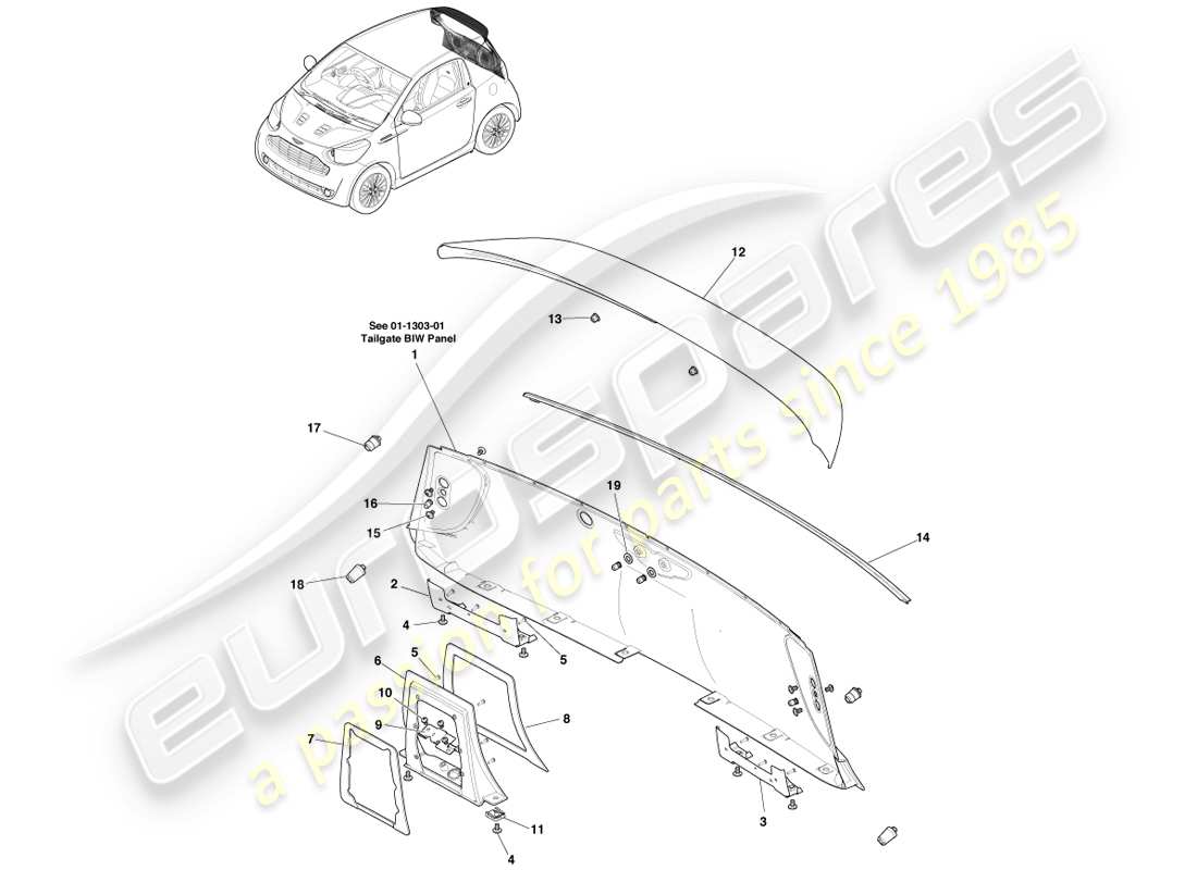 aston martin cygnet (2012) diagrama de piezas de fijaciones y paneles del portón trasero