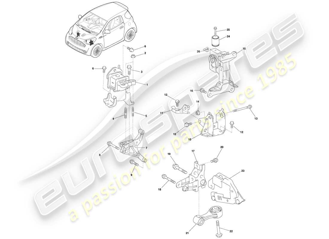 aston martin cygnet (2012) soportes del tren motriz - diagrama de piezas cvt