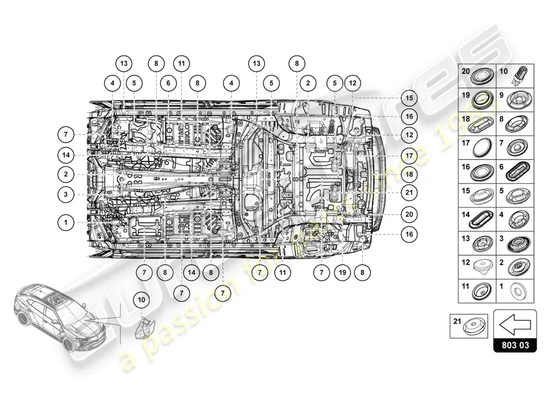 lamborghini urus s (2023) juego de tapones de sellado diagrama de piezas