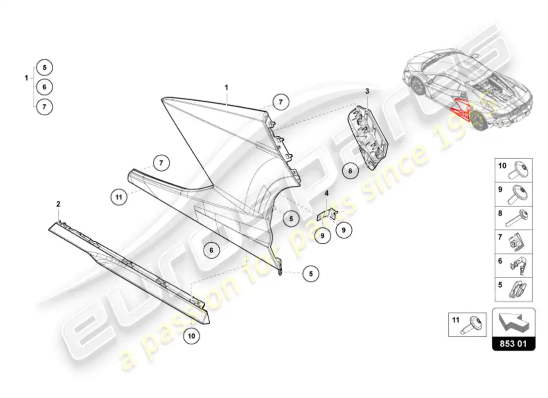 lamborghini revuelto coupe (2024) lateral externo inferior para pasaje de rueda diagrama de piezas