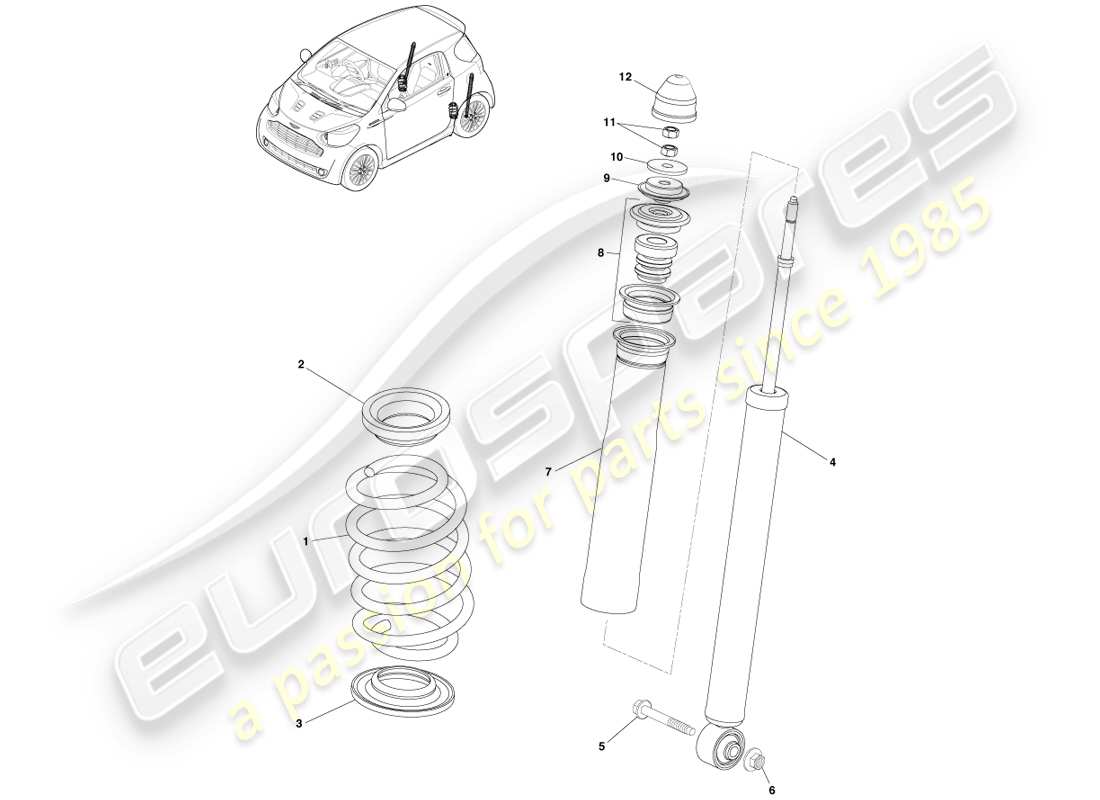aston martin cygnet (2012) diagrama de piezas del amortiguador y resorte de la suspensión trasera