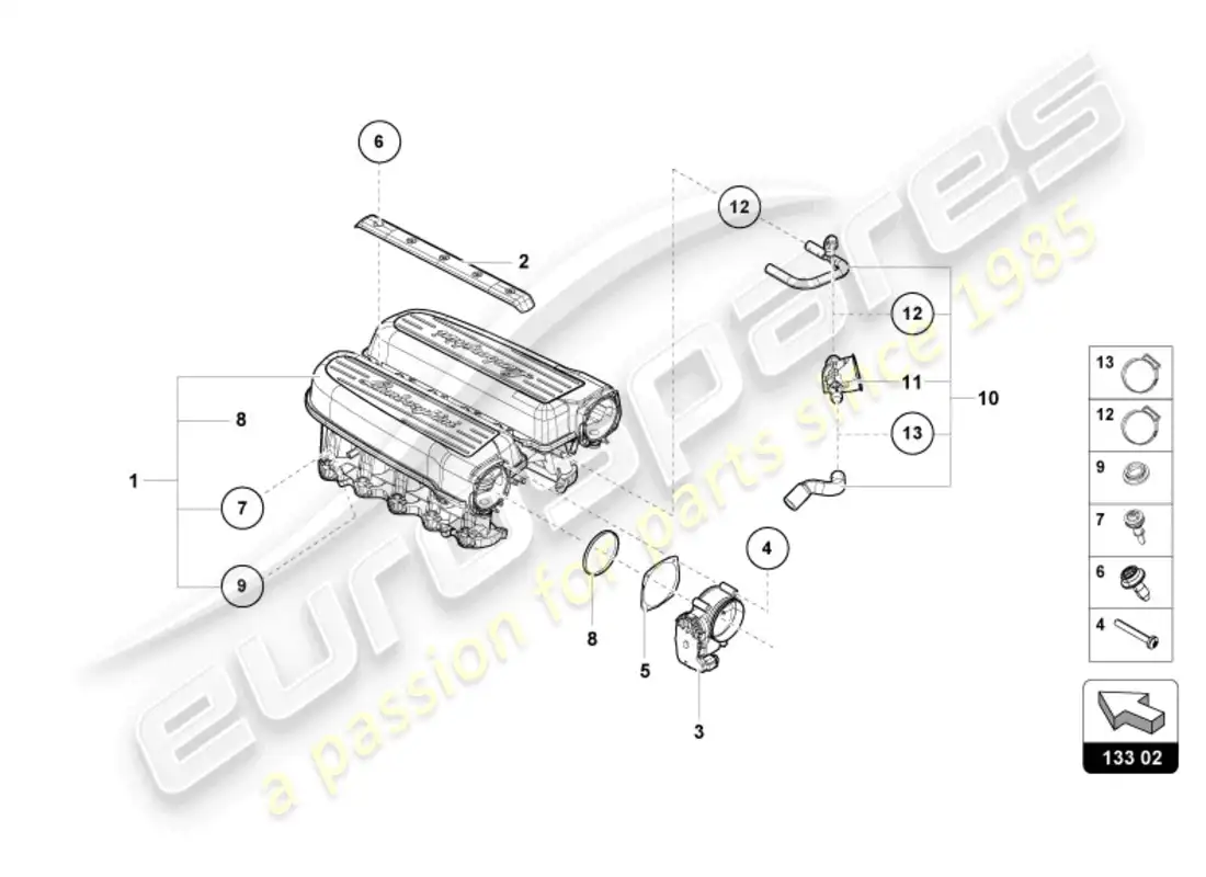 lamborghini tecnica (2024) colector de admisión diagrama de piezas