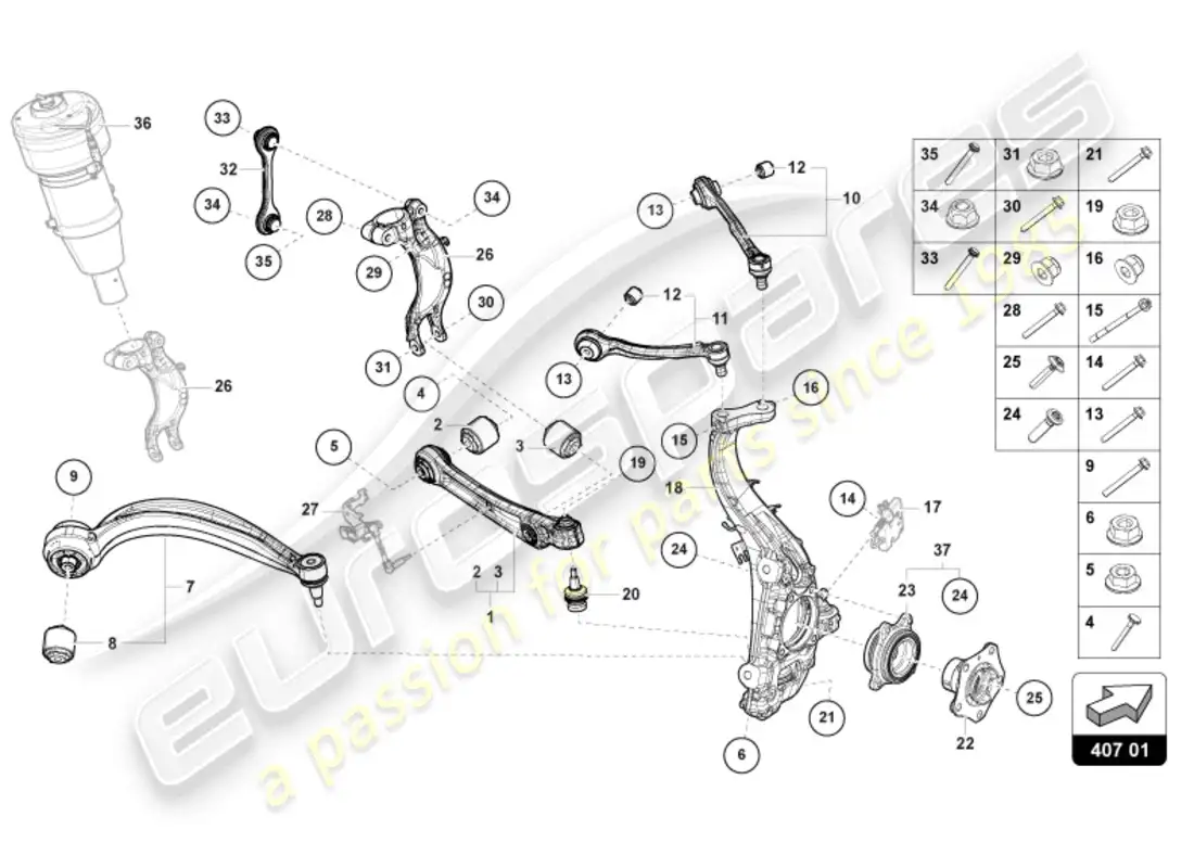 lamborghini urus (2021) suspensión delantera diagrama de piezas