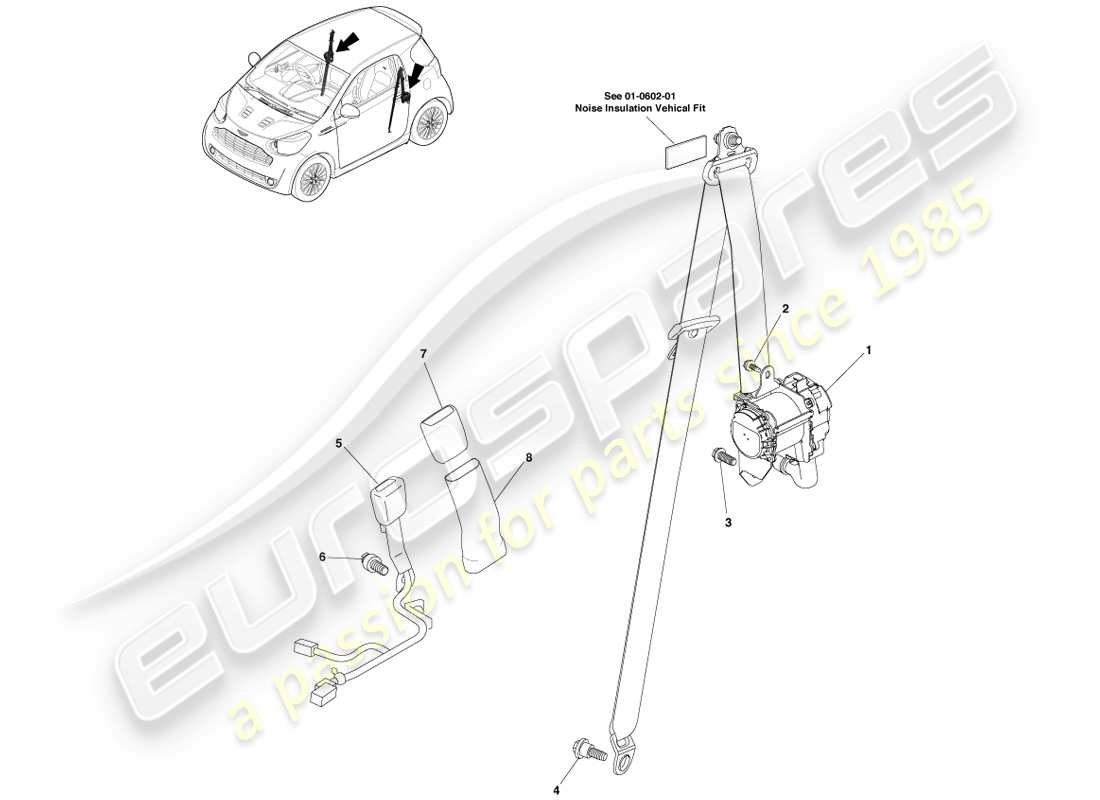 aston martin cygnet (2012) diagrama de piezas del conjunto del cinturón de seguridad delantero