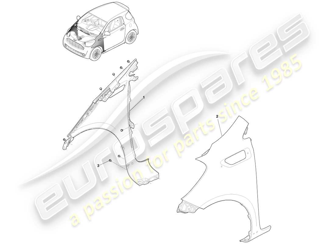 aston martin cygnet (2012) diagrama de piezas de los guardabarros delanteros