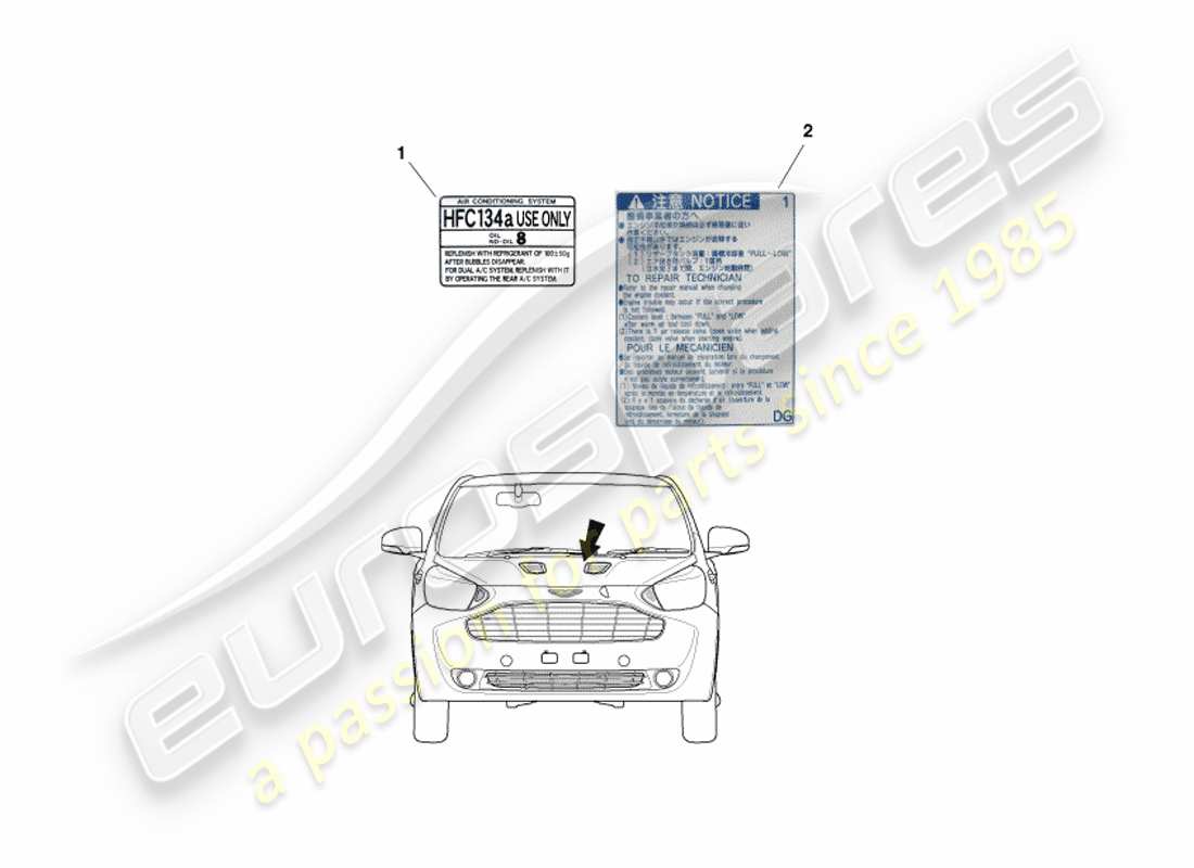 aston martin cygnet (2012) diagrama de piezas de las etiquetas debajo del capó