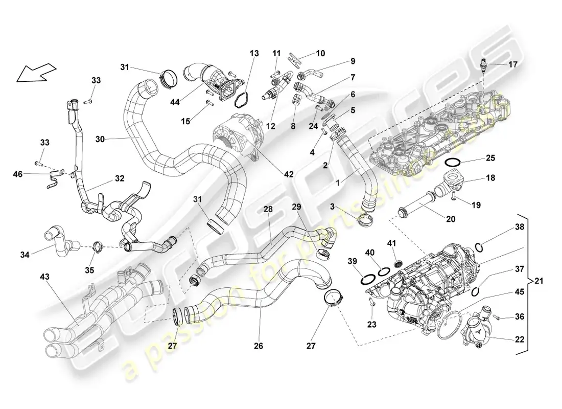 lamborghini lp570-4 sl (2014) carcasa del regulador de refrigerante con termostato diagrama de piezas