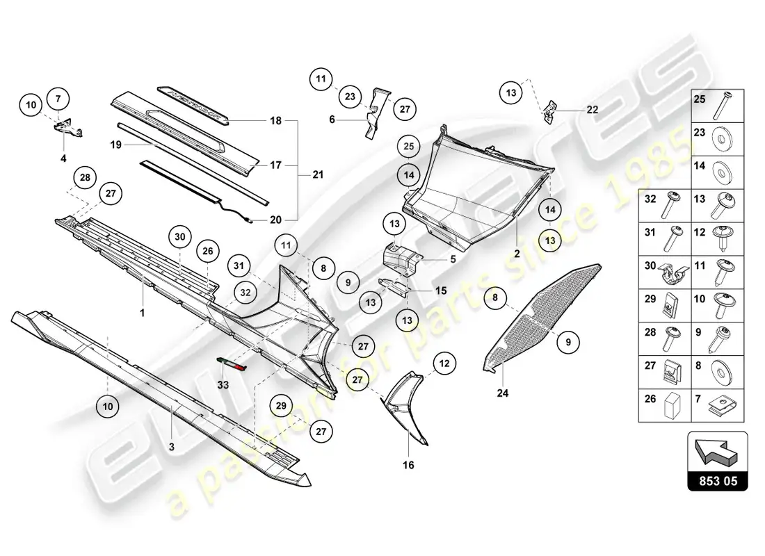 lamborghini ultimae (2022) lateral externo inferior para pasaje de rueda diagrama de piezas