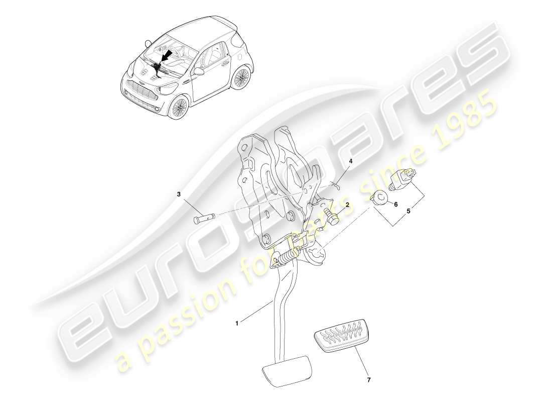 aston martin cygnet (2012) caja de pedales, diagrama de piezas de automóvil