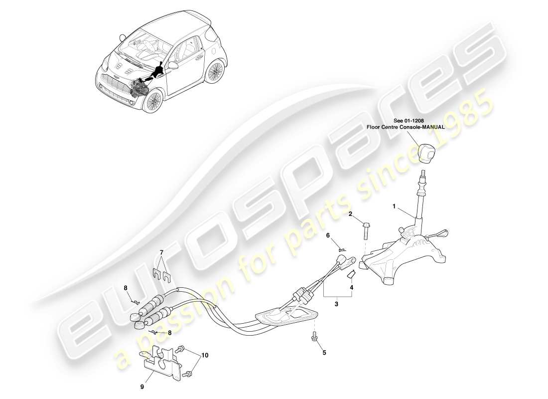 aston martin cygnet (2012) mecánico de selección de engranajes, diagrama de piezas manual