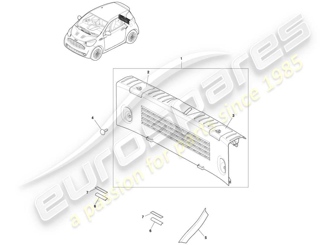 aston martin cygnet (2012) diagrama de piezas de ajuste del compartimento de carga