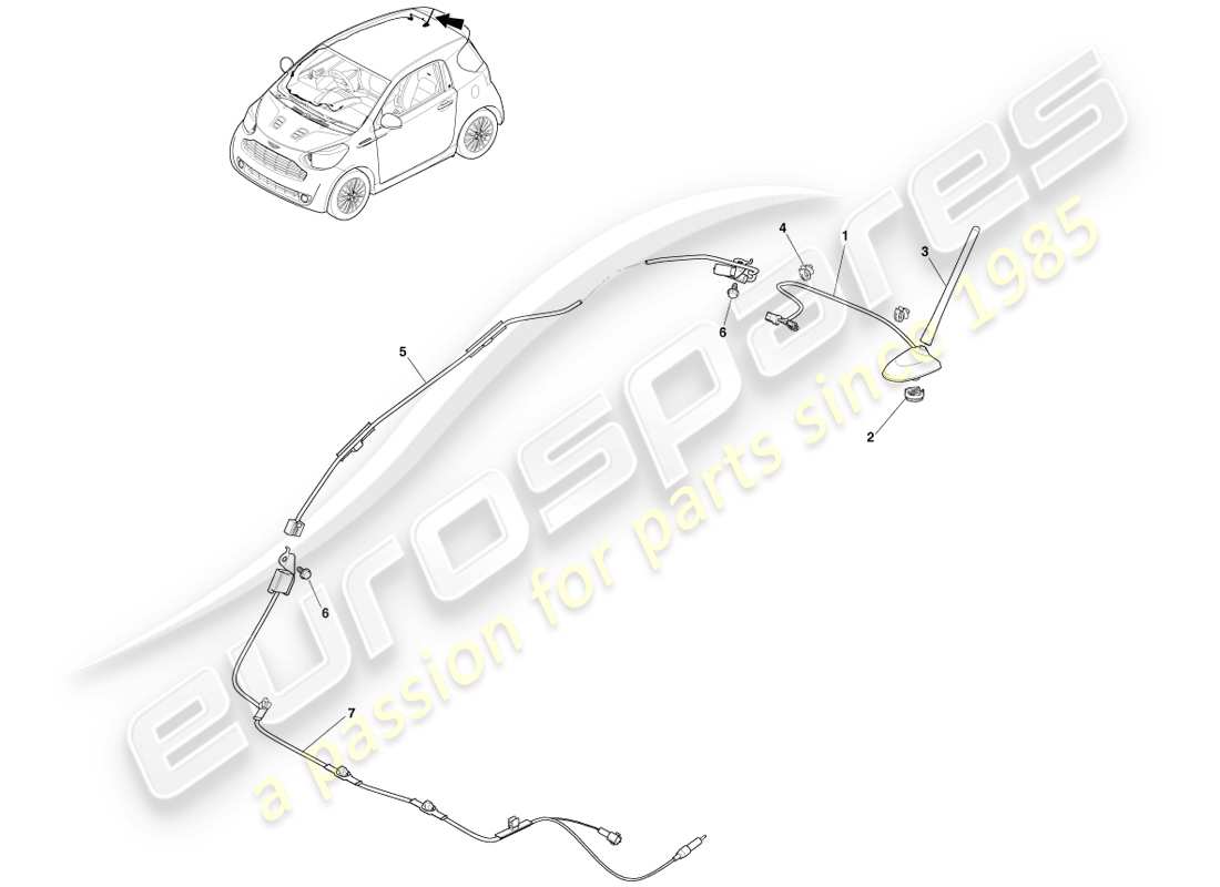 aston martin cygnet (2012) diagrama de piezas de antena y cables