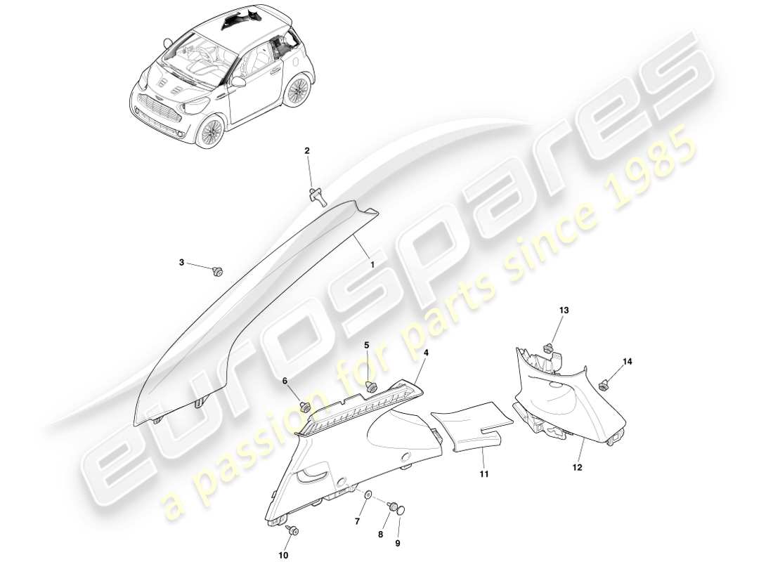 aston martin cygnet (2012) diagrama de piezas de moldura del pilar superior