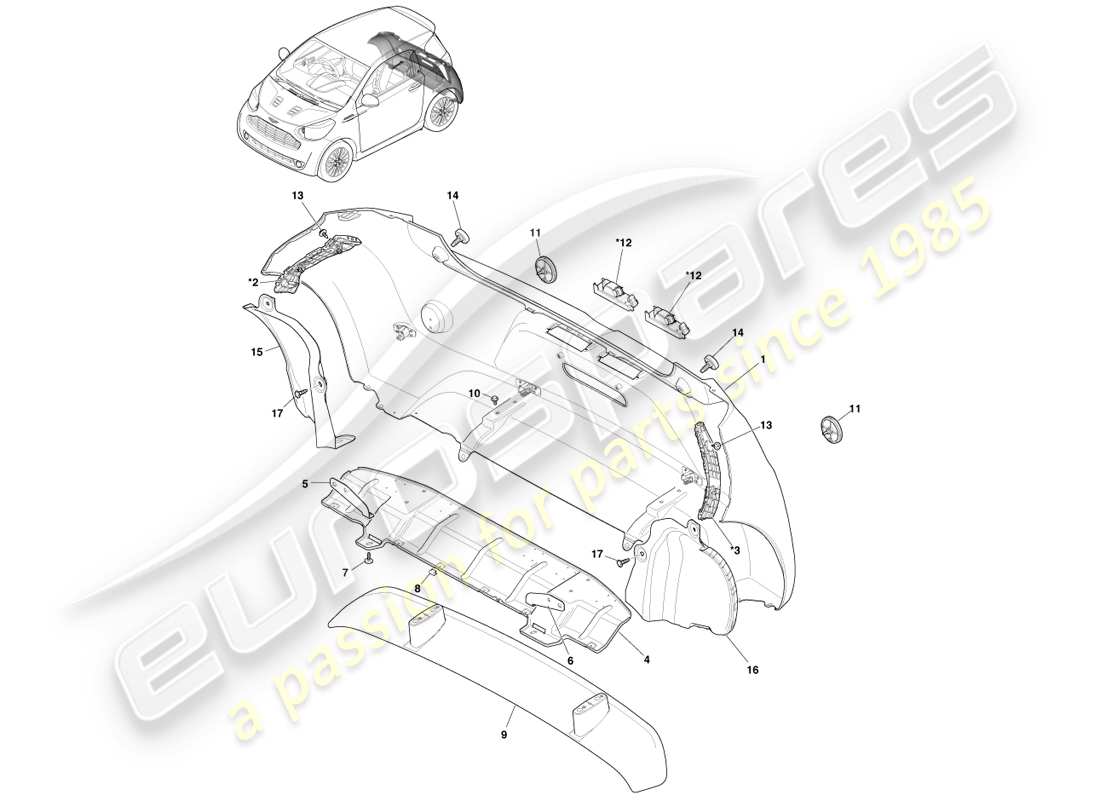 aston martin cygnet (2012) diagrama de piezas del conjunto del parachoques trasero
