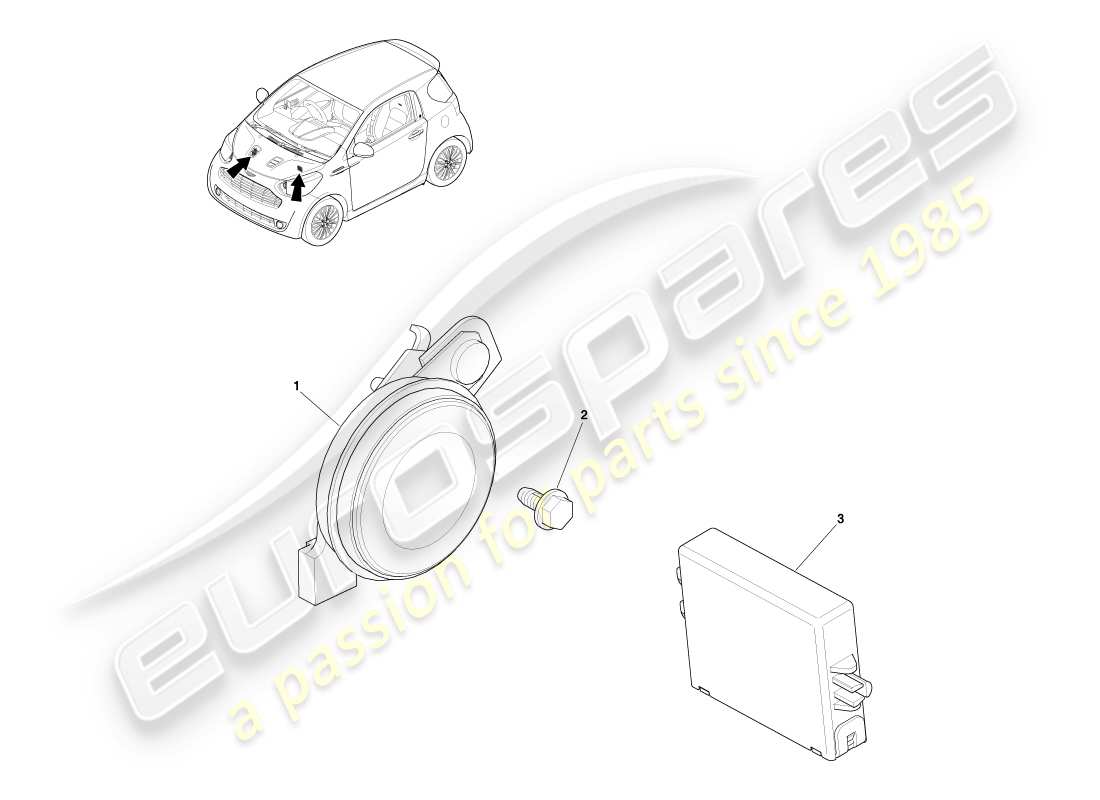 aston martin cygnet (2012) diagrama de piezas del inmovilizador y bocinas de alarma