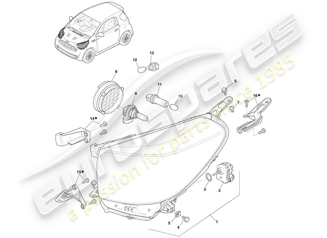 aston martin cygnet (2012) diagrama de piezas de los faros delanteros