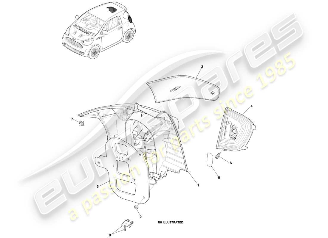 aston martin cygnet (2012) diagrama de piezas de las luces traseras