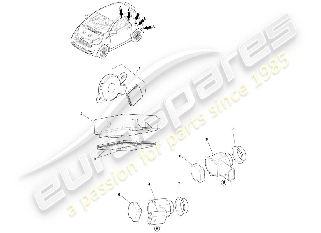 aston martin cygnet (2012) diagrama de piezas de las ayudas de marcha atrás para estacionar