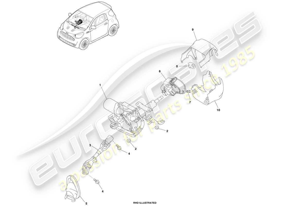 aston martin cygnet (2012) diagrama de piezas del conjunto de la columna de dirección