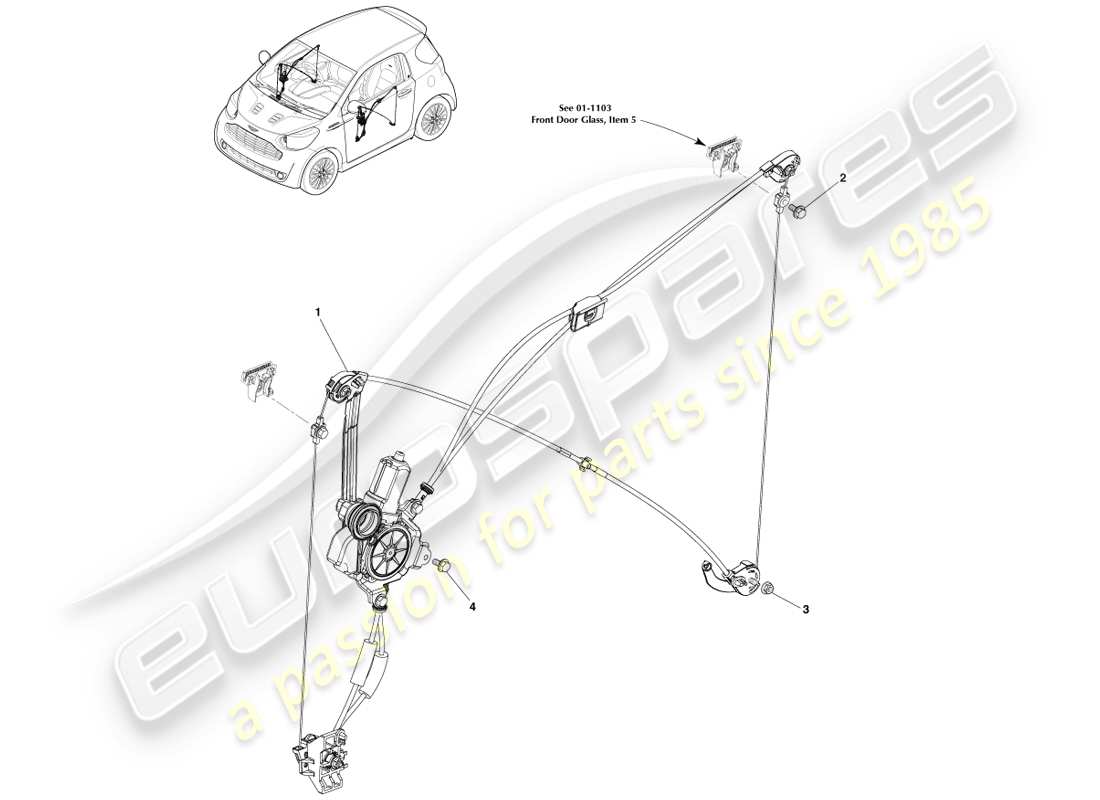 aston martin cygnet (2012) diagrama de piezas de los reguladores de la ventana lateral delantera