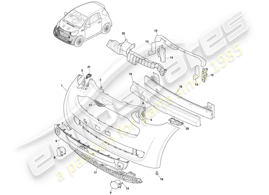 aston martin cygnet (2012) diagrama de piezas del conjunto del parachoques delantero