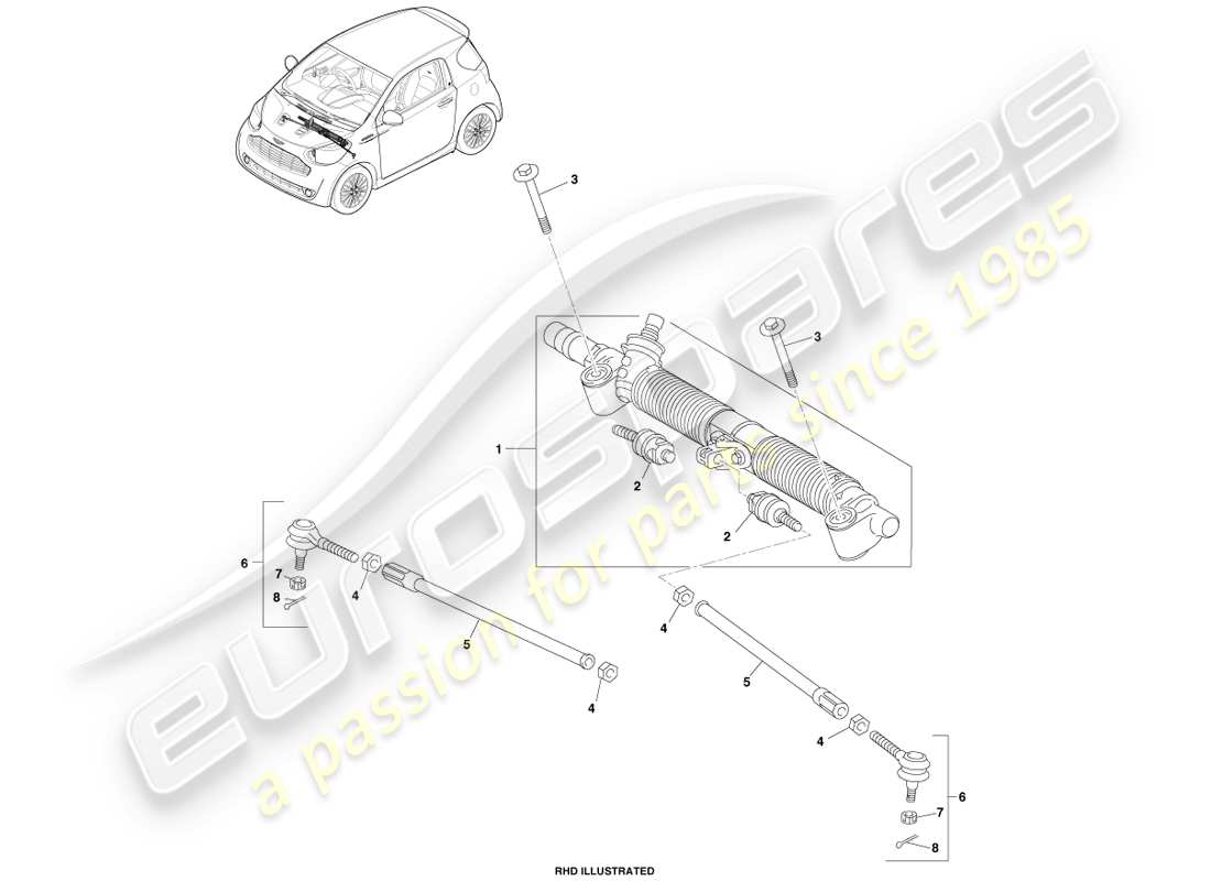 aston martin cygnet (2012) diagrama de piezas del conjunto de cremallera de dirección