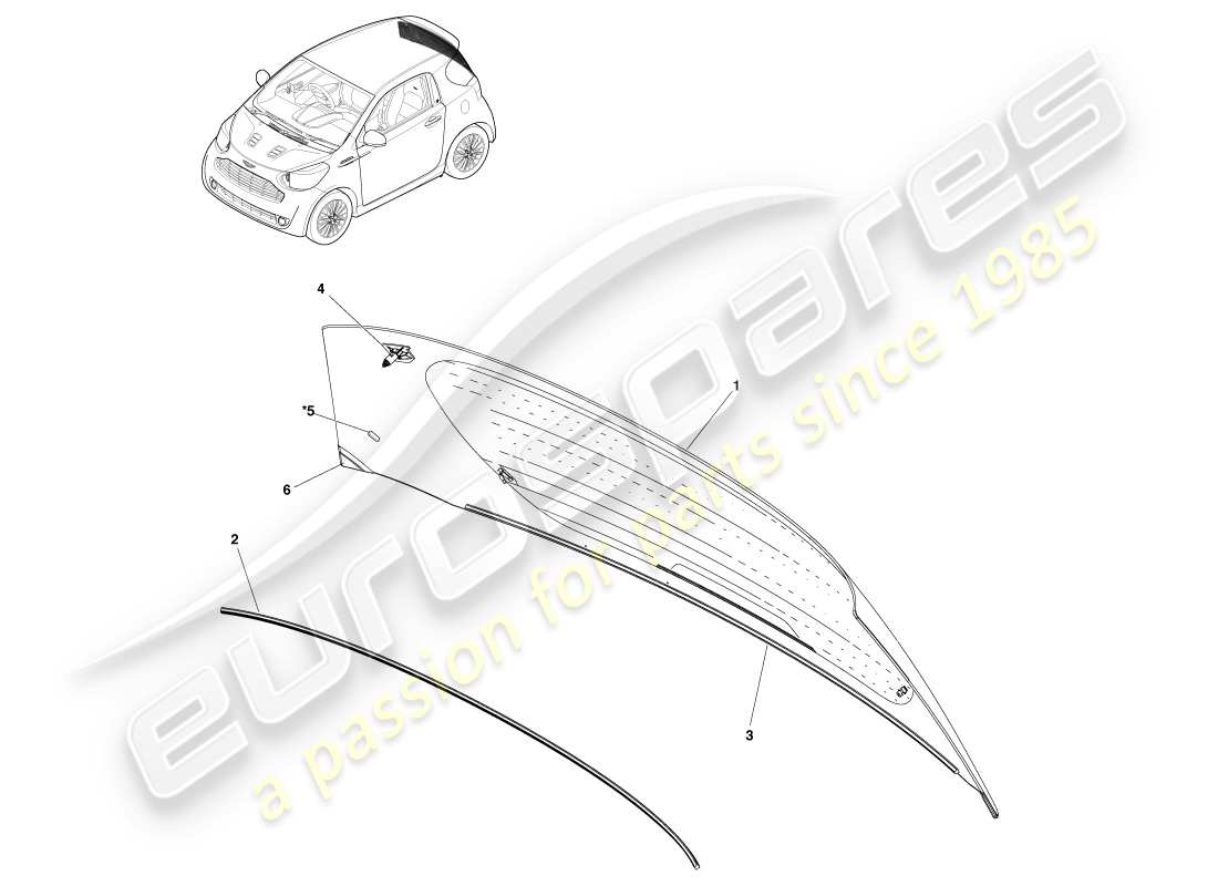 aston martin cygnet (2012) diagrama de piezas del conjunto de vidrio trasero