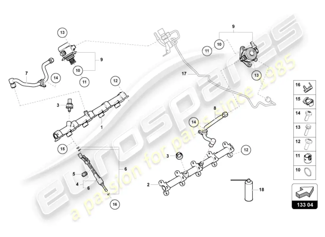 lamborghini urus (2019) inyector de combustible con rieles de inyector diagrama de piezas