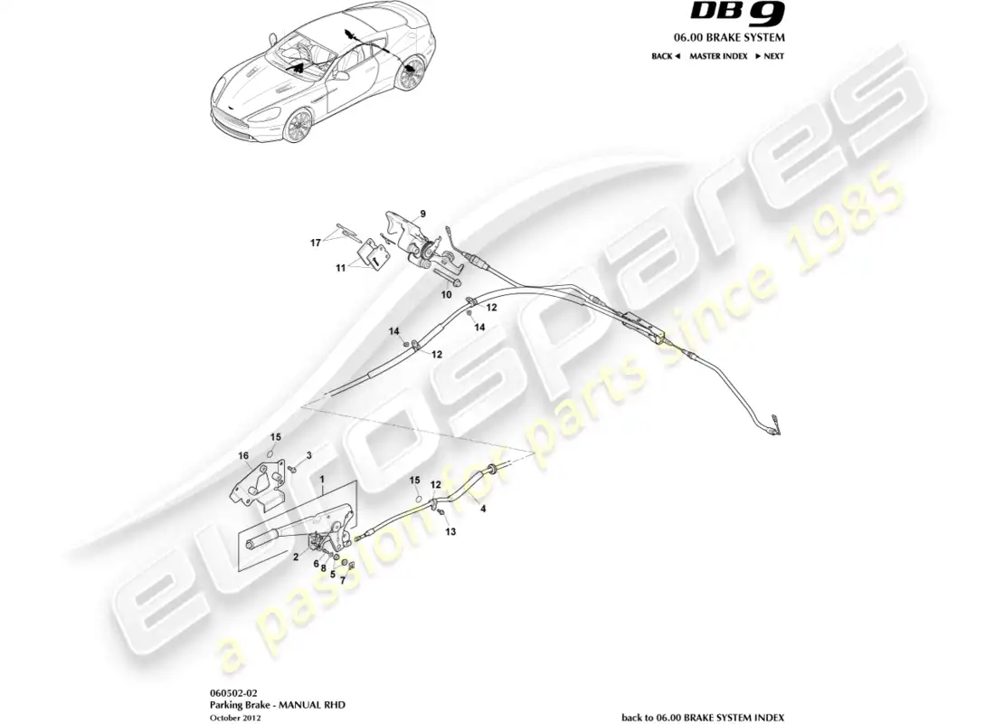 aston martin db9 (2015) freno de estacionamiento, lado derecho diagrama de piezas