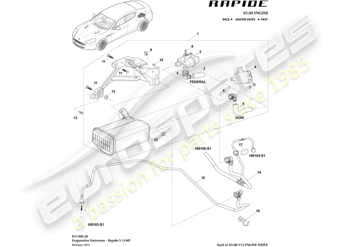 aston martin rapide (2012) recipiente de carbón, 15my diagrama de piezas