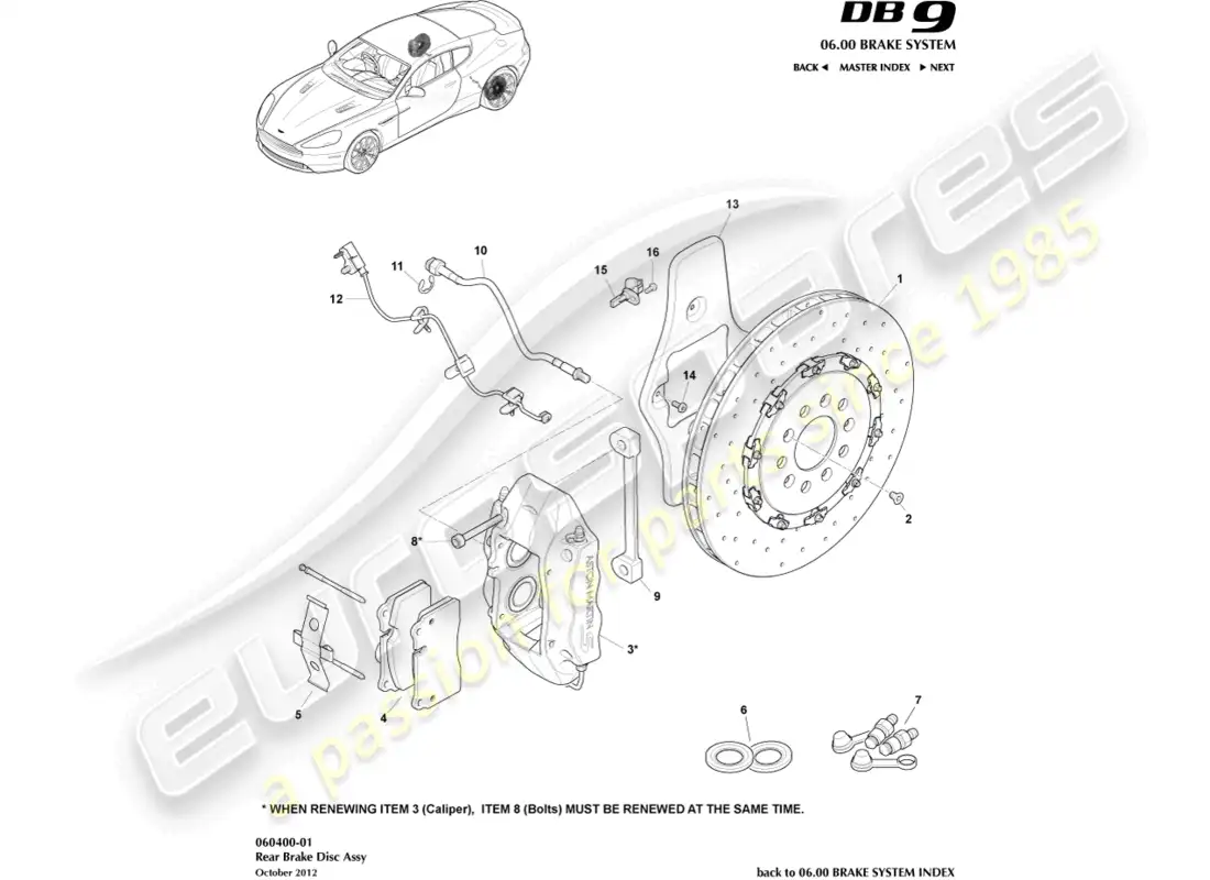 aston martin db9 (2014) sistema de freno trasero diagrama de piezas