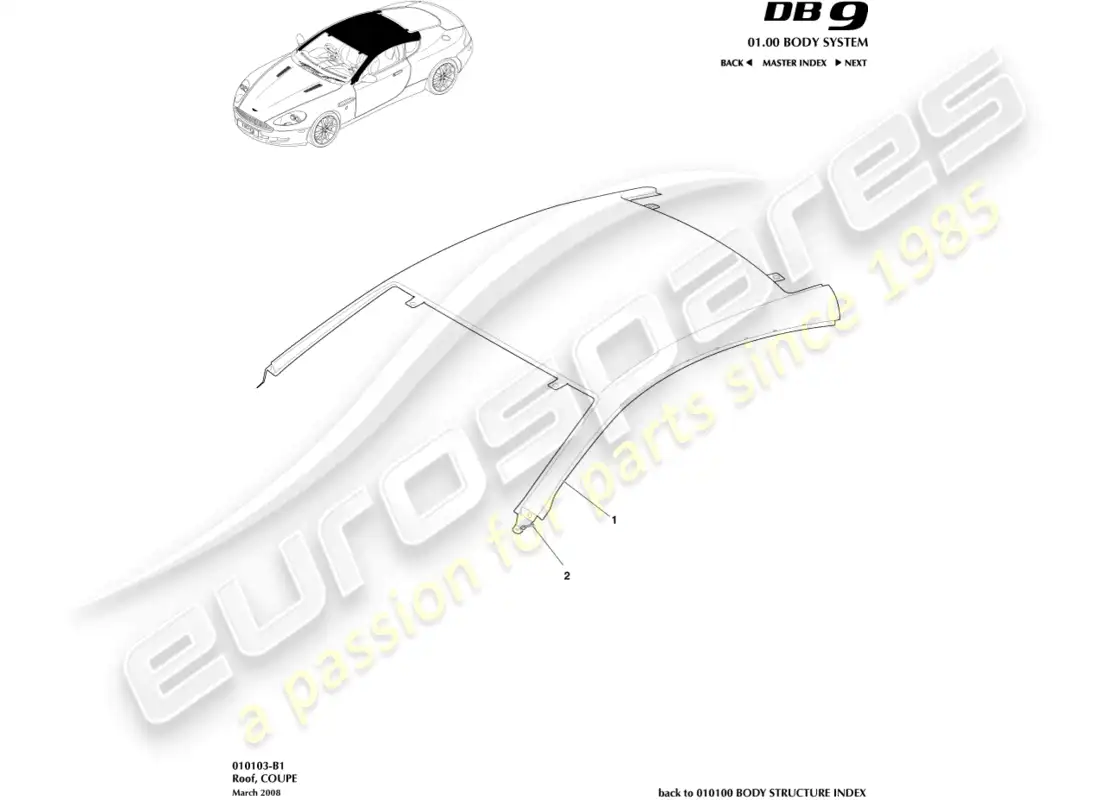 aston martin db9 (2012) techo, diagrama de piezas del cupé