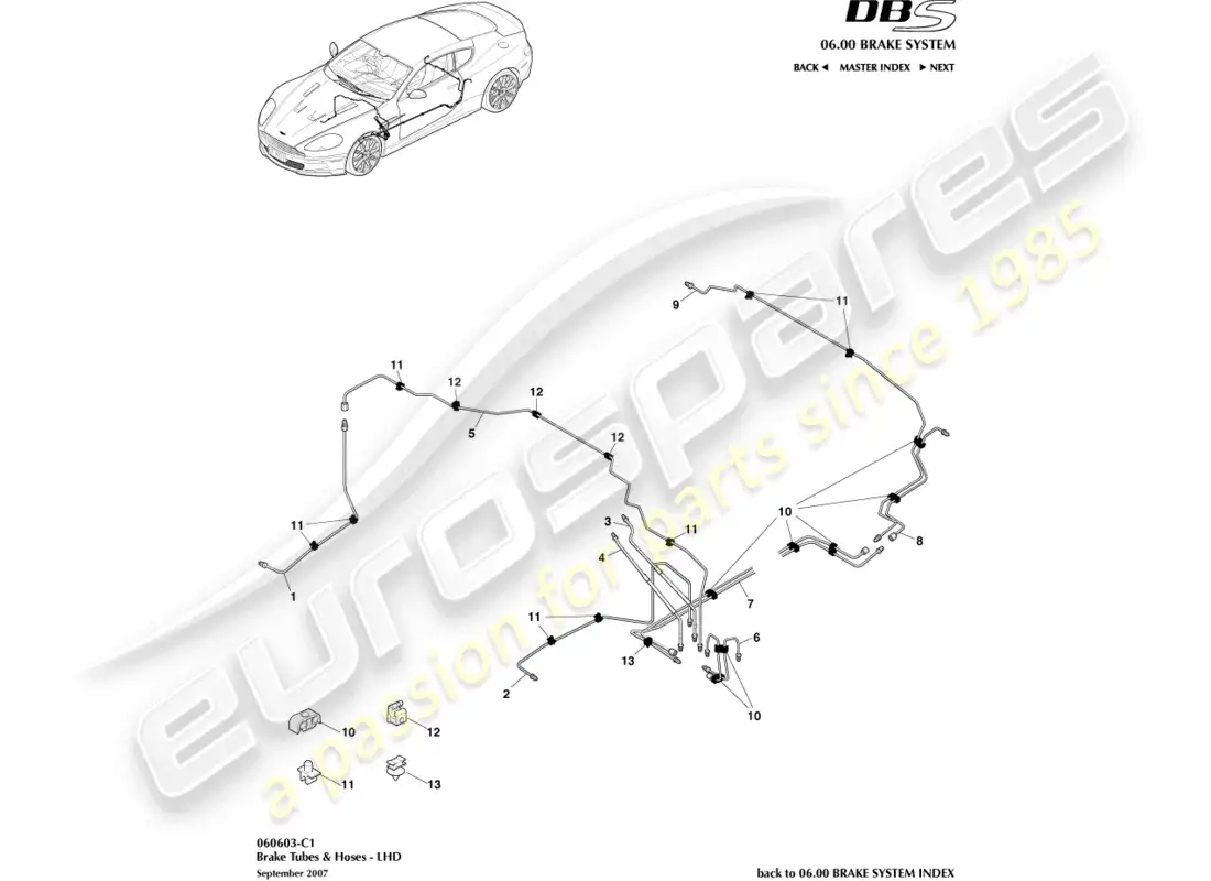 aston martin dbs (2007) líneas y mangueras de freno, lhd diagrama de piezas