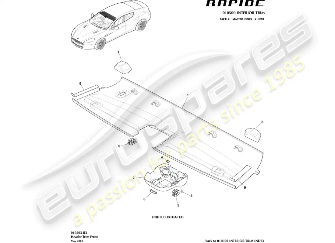 aston martin rapide (2017) recorte del encabezado frontal diagrama de piezas