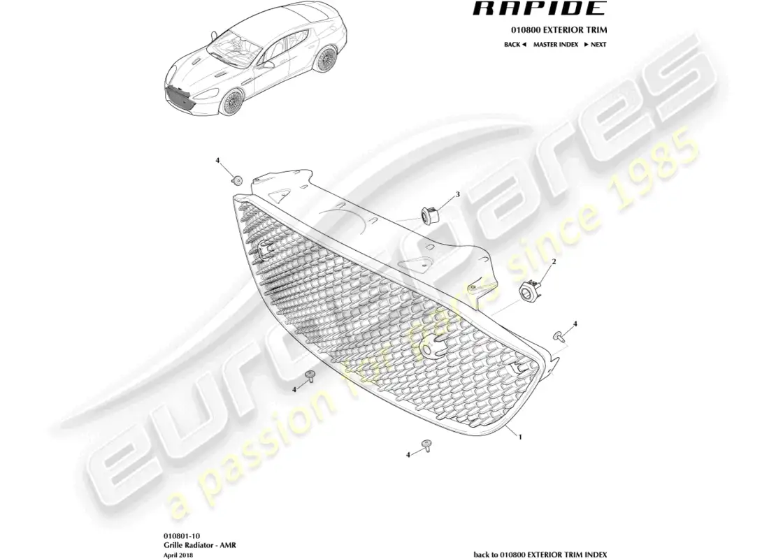 aston martin rapide (2014) rejilla de radiador, amr diagrama de piezas