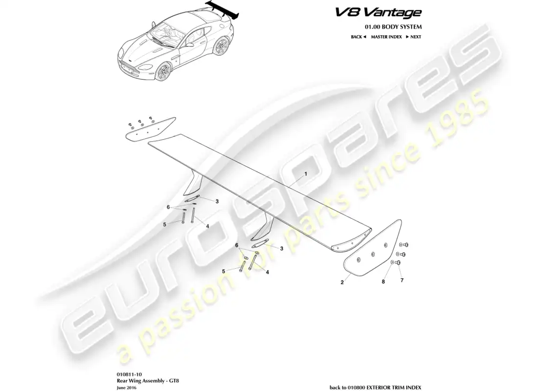 aston martin v8 vantage (2008) diagrama de piezas del spoiler trasero