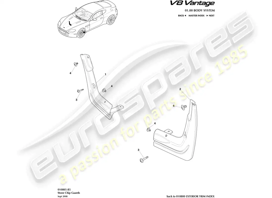 aston martin v8 vantage (2008) diagrama de piezas de protectores contra piedras