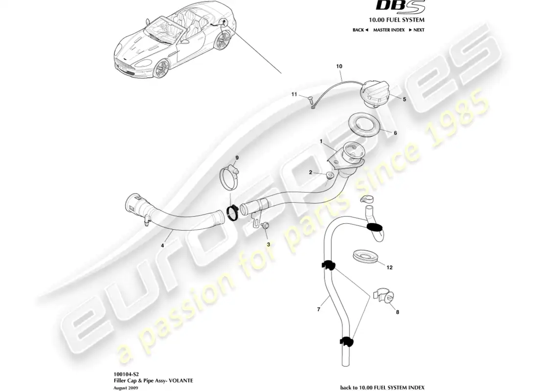 aston martin dbs (2013) tapón y tubo de llenado de combustible, volante diagrama de piezas