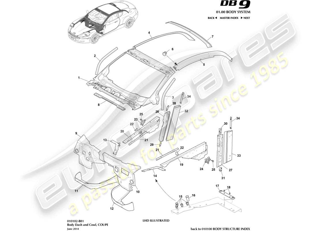 aston martin db9 (2010) carrocería, tablero y capó, diagrama de piezas del cupé